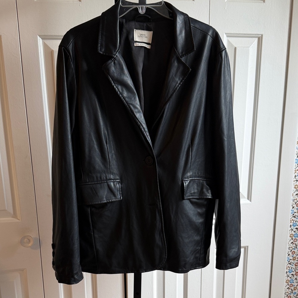 Urban Outfitters Black Leather Blazer Jacket with Notched Lapel